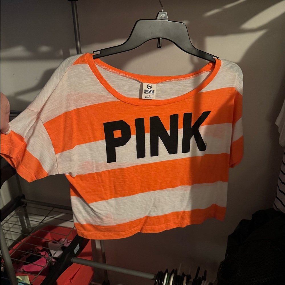 PINK Victoria's Secret Orange and White Striped Short Sleeve Tee